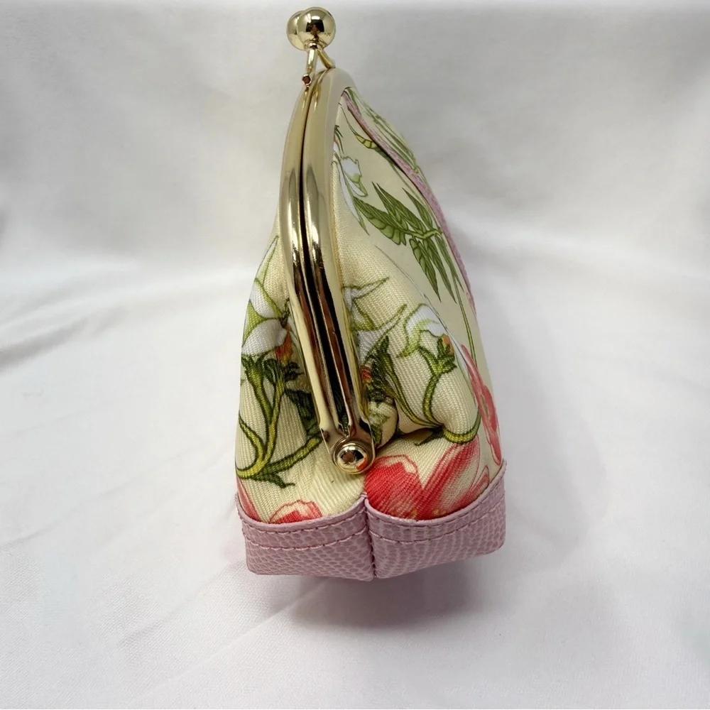 Joan Rivers Beauty Floral Kiss Lock Clutch Pink Gold Frame Evening Makeup Bag